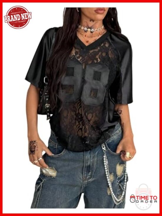Tops - Sheer Mesh Lace Graphic T-Shirt V Neck Short Sleeve Oversized